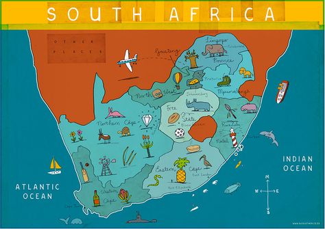 Map of South Africa | South africa map, Heritage day south africa, Illustrated map Heritage Day South Africa, South Africa Map, Continents And Countries, South African Design, African Map, Maps For Kids, South Africa Travel, Africa Map, Illustrated Map