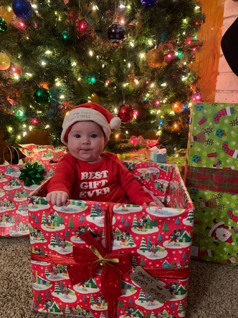 Baby In Gift Box Christmas Photo, Christmas 4 Month Old Pictures, Baby Christmas Traditions, Christmas Tree Baby Pictures, Baby First Christmas Photoshoot, Baby And Dog Christmas Photo, Baby Xmas Photo Ideas, Outdoor Christmas Photoshoot Ideas, Christmas Present Pictures