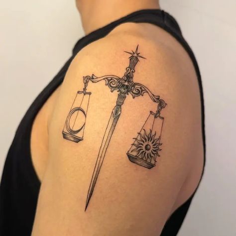 Libra Sword Dotwork Fine Line Tattoo Idea & Design on Man Shoulder Libra Sword Tattoo Done At Libra Tattoo For Men Design, Libra Tattoo For Men, Libra Tattoos, Man Shoulder, Libra Tattoo, Tatoo Inspiration, Scale Tattoo, Fine Line Tattoo, Warrior Tattoo