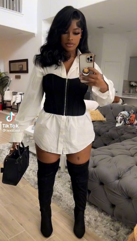 Brunch Party Outfit Black Women, August Birthday Outfit Ideas, Corset Button Up Shirt Outfit, White Button Down Shirt Outfit Black Women, Corset Outfit Black Women Birthday, Poetry Night Outfit Black Women, Step Show Outfit Hbcu, Corset And Skirt Outfit Black Women, Button Up Shirt Outfit Black Women