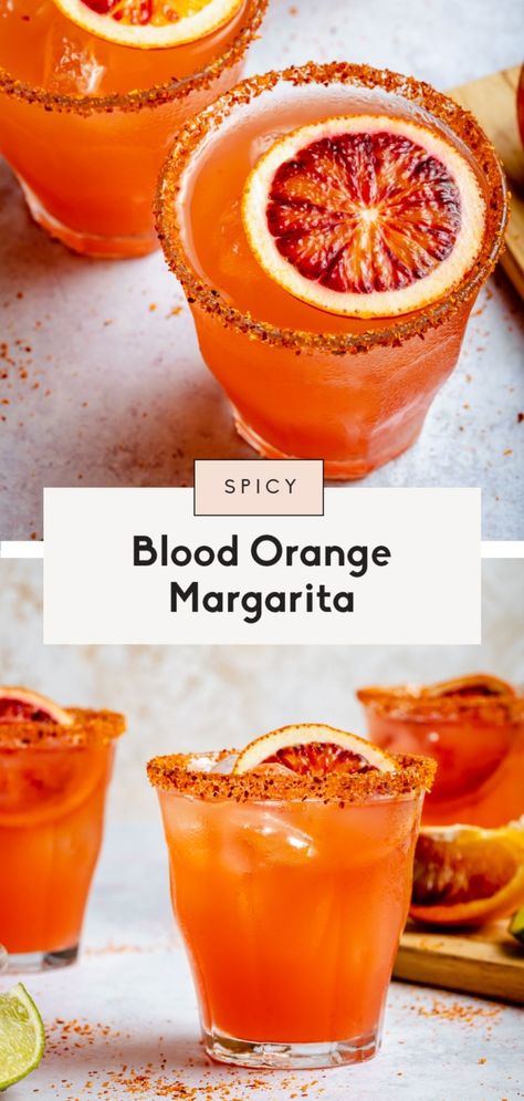 Refreshing and delicious spicy blood orange margarita made with 5 simple ingredients! This beautiful blood orange margarita recipe is easy to make and such a fun way to enjoy blood oranges. Perfect for date night, girls' night, or tripling to serve a crowd! #margarita #cocktail #bloodorange #happyhour Margarita Recipes Spicy, Orange Mixed Drinks Alcohol, Spicy Orange Margarita, Orange Drink Ideas, Self Serve Margarita Bar, Spicy Peach Margarita Recipe, Orange Drinks Alcohol, Halloween Margarita Recipe, Girls Night Menu Ideas