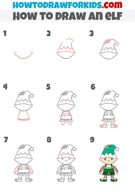 How to Draw an elf by step How To Draw An Elf For Kids, How To Draw A Christmas Elf, Simple Elf Drawing, How To Draw An Elf, Easy Elf Drawing, Elf Doodle, Nail Steps, Drawing Ideas People, Elf Things