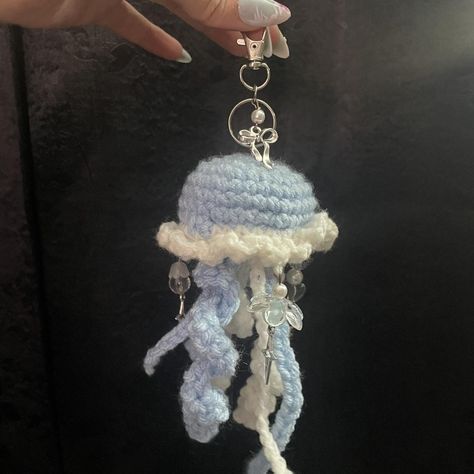 Handmade crochet jellyfish charm for bag or keys... - Depop Jellyfish Crochet Tutorial, Crochet Jellyfish Bag, Crochet Jellyfish Keychain, Crochet Trinkets, Jellyfish Charm, Hanging Jellyfish, Crochet Jellyfish, Quick Crochet Projects, Crocheted Jellyfish