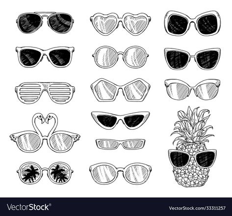 Drawing Sunglasses, Sunglasses Drawing, Cartoon Glasses, Black And White Tropical, Glass Fashion, Shading Drawing, Fashion Shades, Animation Art Sketches, Flat Vector Illustration