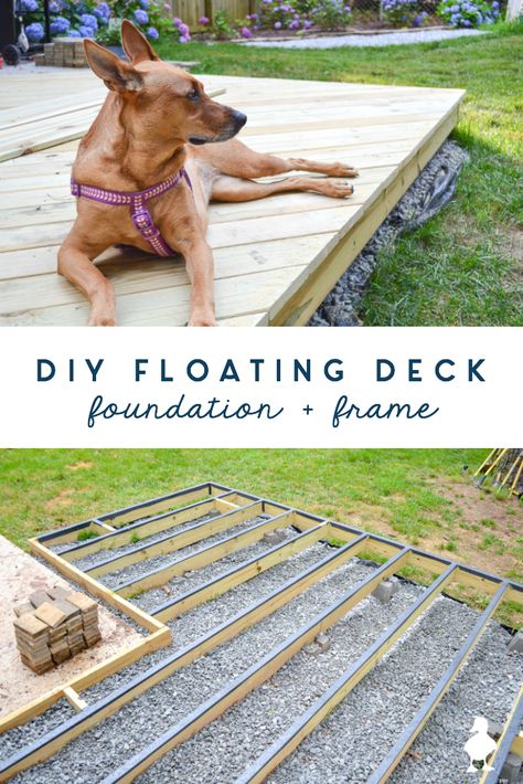 How to build a DIY floating deck (aka ground level deck) that is on a slope and partially over concrete - SO MUCH covered in what you need to know! The foundation and framing are the most important part: ground contact lumber, how to deal with a sloping yard, how to drill through concrete, how to keep water out and prevent wood rot, and so much more. #diy #deck #floatingdeck #groundlevel #construction #woodworking #outdoor #build #deckdesign #groundleveldeck #foundation #framing #uglyducklinghou Diy Floating Deck, Deck Foundation, Ground Level Deck, Building A Floating Deck, Deck Diy, Laying Decking, Floating Deck, Deck Construction, Deck Projects