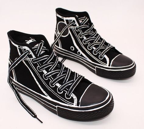 Black High top canvas shoes mens sneakers hand painted quadratic element lines christmas gift Color: black or white The canvas part of the shoes can be washed in water without fading, but because the sole is made of rubber and the paint can not penetrate, strong friction may lead to fading phenomenon. I use High quality original shoes About the size Please check the size chart in detail Shoes are hand drawn and require some preparation time. I will provide the tracking number after the shipment. Cel Shaded Clothes, Shoe Embroidery, Cel Shading, Shoes Mens Sneakers, Seni Mural, Simpul Pita, Punk Fashion Diy, Black Tennis Shoes, Painted Canvas Shoes