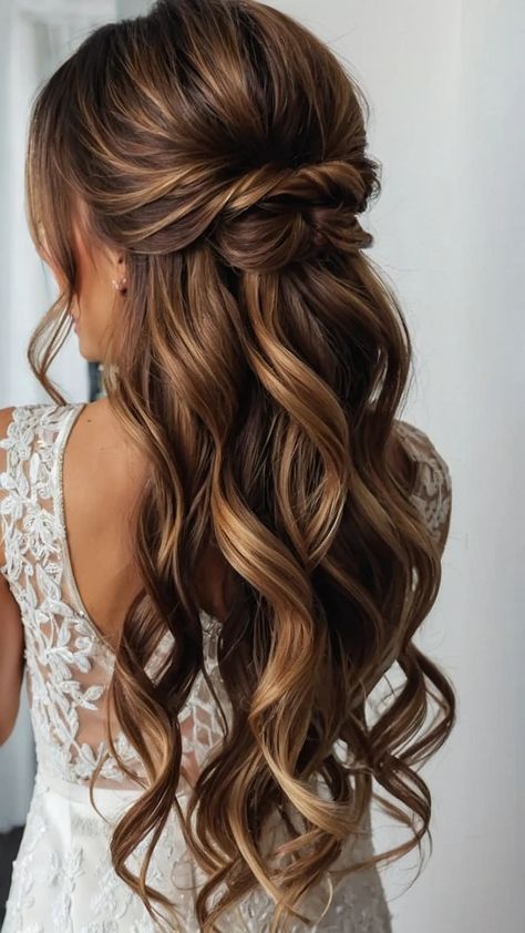 Bridal Hair Ideas With Veil Half Up, Bridal Half Up Braid, Half Up Bridal Hair With Veil Long Curls, Bridal Partial Updo, Bridal Half Up Half Down With Headband, Wedding Hair With Veil Medium Length, Wedding Hair For Lace Dress, Fall Bridesmaid Hair Half Up, Bridal Hair Half Up With Veil Brunette