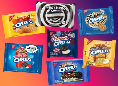 Oreo continuously launches new cookies, so we rounded up some of the brand's most attention-grabbing flavors. Weird Oreo Flavors, Oreo Cookie Flavors, Weird Snacks, Sweet Popcorn, Cinnamon Candy, Oreo Flavors, Chocolate Peanut Butter Pie, Cotton Candy Flavoring, Salted Caramel Brownies