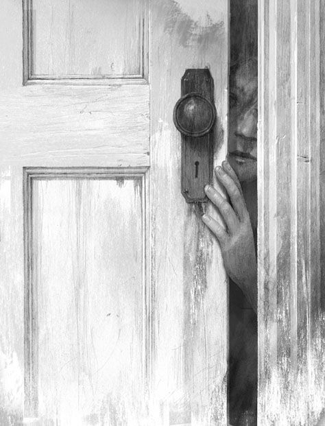 Levi Pinfold - The Secret Horses of Briar Hill, written by Megan Shepherd Door Cracked Open Drawing, Hand On Door Reference, Open Doors Illustration, Creepy Hallway Drawing, Hand Opening Door Drawing, Opening Door Reference, Opening Door Drawing Reference, Opening Door Pose Reference, Open Door Drawing