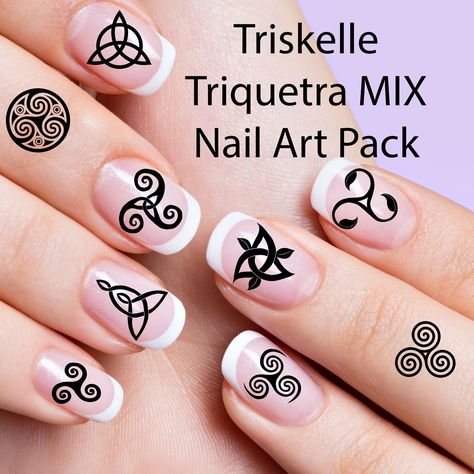 PLEASE NOTE All Decals are made in and Ship from CANADA - Shipping to the USA: please allow 14-21 days for delivery THANK YOU! Mixed TRISKELLE  TRIQUETRA Nail Decals Triskelion Triple Spiral Waterslide Nail Art Decals in Black or White Pack, Celtic, Druid, Mind Body Choose Black or White Set - These decals are have a clear background - works great over your favorite nail polish! 33 decals in sizes to fit most MEDIUM to LARGER nails - Includes instructions for use. 1. Paint nails with a clear bas Celtic Nail Art, Celtic Nails, Triple Spiral, Paint Nails, Wiccan Symbols, Short Gel Nails, Nail Art Decals, Nail Polish Art, Clear Background