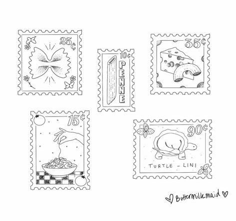 Purse Tattoo Ideas, Bowtie Pasta Tattoo, Book Stamp Tattoo, Mini Stamp Tattoo, Postage Stamp Design Illustration, Rome Stamp Tattoo, Post It Stamp Tattoo, Farfalle Pasta Tattoo, Italy Tatoos Ideas