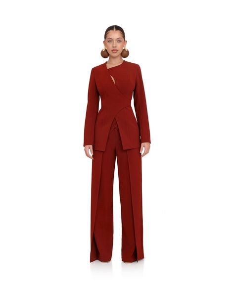 Classy Pants Outfits Formal, Wrap Blazer Outfit, Unique Suit Design, Graduation Suits For Women, Power Suits For Women, Graduation Suit, Stylish Office Wear, Corset Pants, Graduation Suits