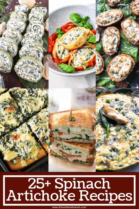 25+ Spinach Artichoke Recipes Artichoke Dishes, Spinach Artichoke Recipes, Pinwheels Appetizers, Artichoke Appetizer, Artichoke Soup, Spinach Artichoke Dip Recipe, Artichoke Dip Recipe, Breakfast Appetizers, Wedding Appetizers