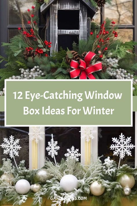 12 Eye-Catching Window Box Ideas for Winter Flower Boxes In Winter, Holiday Window Box Ideas, Christmas Planter Boxes With Lights, Under Window Decor Outdoor, Seasonal Window Boxes, Bay Window Christmas Decor Outdoor, Christmas Window Boxes Ideas, Winter Flower Box Ideas, Window Box Winter