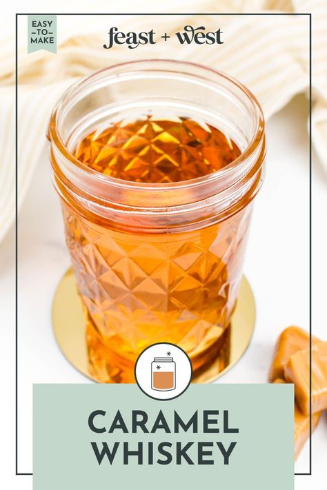 This easy Homemade Salted Caramel Whiskey recipe will be a great addition to your home bar or a sweet gift for a fellow cocktail lover. Salted Caramel Moonshine Recipe, Salted Caramel Whiskey, Infused Alcohol, Salted Caramel Vodka, Homemade Liqueur Recipes, Diy Caramel, Whiskey Drinks Recipes, Peppermint Vodka, Frozen Drinks Alcohol