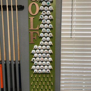 Golf Club Crafts, Golf Furniture, Golf Ball Display, Golf Crafts, Golf Simulator Room, Golf Ball Displays, Golf Room, Ball Display, Golf Ball Crafts