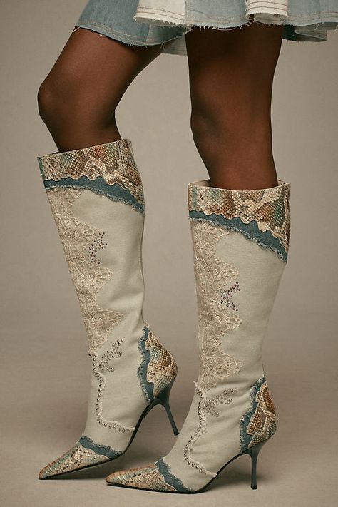 Leather, fabric upper Synthetic insole, sole Back zip Imported | Toxic Boots by Jeffrey Campbell in Blue, Women's, Size: 6, Leather at Anthropologie Storage Shoes, Boots For Ladies, Shoe Storage Ideas, Upcoming Fashion Trends, Wedding Boots, Funky Shoes, Swag Shoes, Long Boots, Pretty Shoes