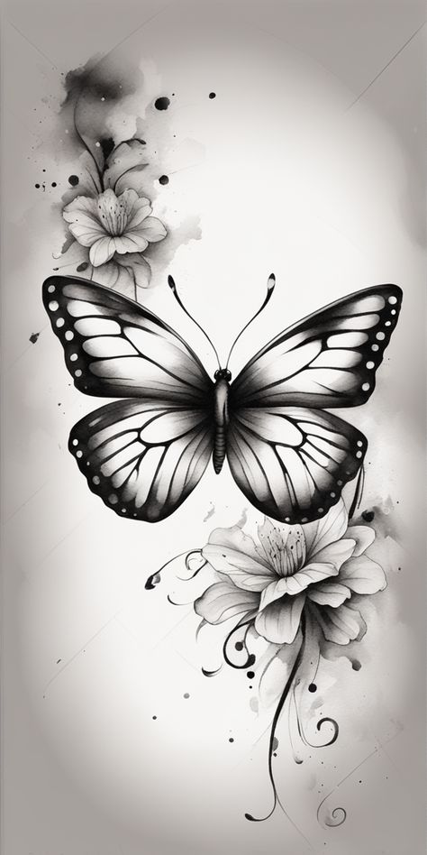 A black and white watercolor-style butterfly tattoo image is displayed over a blank canvas. The tattoo showcases a blend of artistic finesse and subtle intrinsic detailing, manifesting a monochromatic aesthetic. Wispy Butterfly Tattoo, Watercolor Tattoo Design, White Butterfly Tattoo, Realistic Butterfly Tattoo, Butterfly Tattoos Images, Monochromatic Aesthetic, Butterfly Tattoos, Tattoo Design Book, White Watercolor