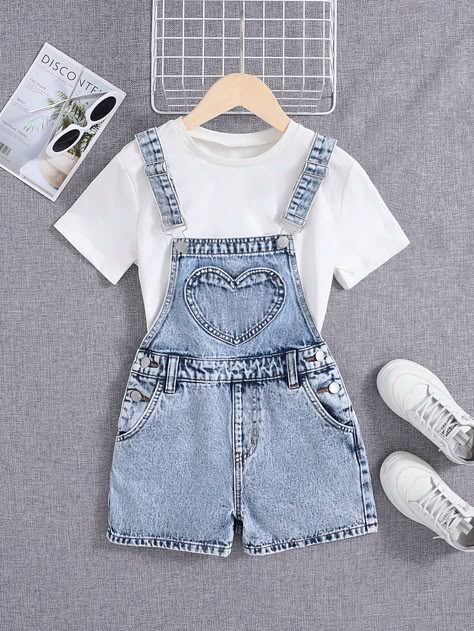 Tween Girls' Y2K  Heart Patched Denim Overall Romper Without Tee,Spring And Summer Boho Denim Romper Outfits Light Wash Casual  Sleeveless Denim Heart Overall Non-Stretch  Tween Girls Clothing, size features are:Bust: ,Length: ,Sleeve Length: Denim Romper Outfit, Cute Overall Outfits, Overall Shorts Outfit, Short Jumpsuit Outfit, Y2k Heart, Overall Romper, Girls Y2k, Denim Short Jumpsuit, Patched Denim