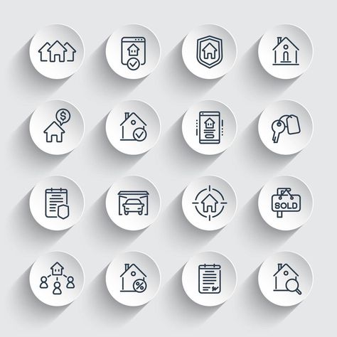 Real estate line icons set, tenants, houses for rent, insurance Real Estate Design, Inmobiliaria Ideas, Real Estate Icons, House Icon, Hotel Marketing, Real Estate Marketing Design, Real Estates Design, Minimalist Icons, Graphic Design Course