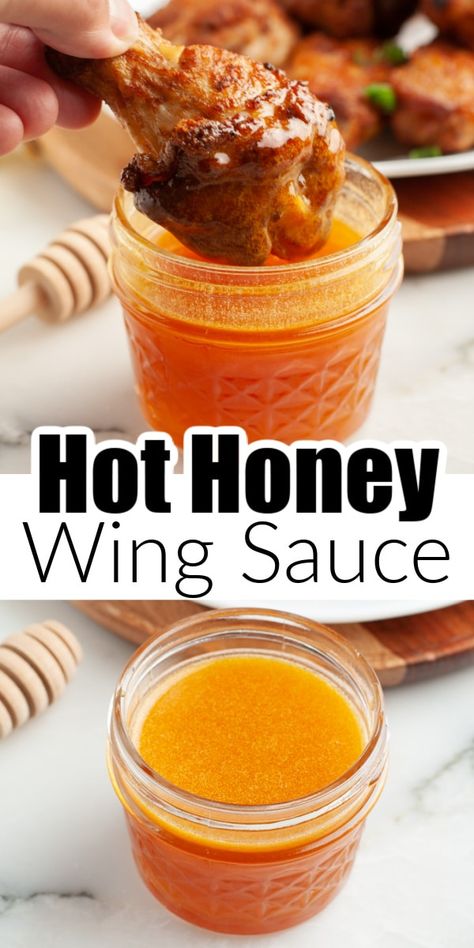 Hot honey wing sauce makes a delicious dip or coating for chicken wings and more. Made with just 3 ingredients, this hot honey sauce can be made in minutes. Honey Hot Wing Sauce, Honey Wing Sauce, Homemade Hot Wings, Chicken Wing Dipping Sauce, Honey Sauce For Chicken, Hot Wing Sauce Recipe, Hot Honey Wings, Honey Sauce Recipe, Hot Wing Sauce