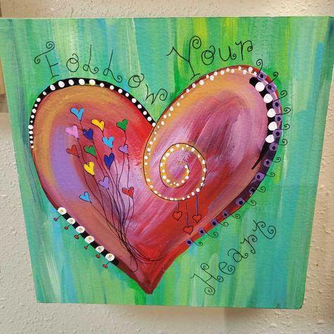 Hand Painted and Original Whimsical Heart Art, Painting Hearts On Canvas, Whimsical Art Paintings Acrylics, Heart Painting On Canvas, Valentine Paintings, Painted Luggage, Valentines Ornaments, Winery Party, Abstract Heart Painting