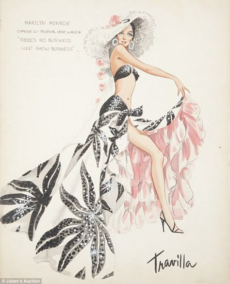 The 'tropical heatwave' scene costume sketch of Monroe for the 1954 film There's No Business like Show business William Travilla, No Business Like Show Business, Marilyn Monroe Costume, Costume Design Sketch, Hollywood Costume, Marilyn Monroe Art, Chique Outfits, Norma Jeane, Arte Fantasy