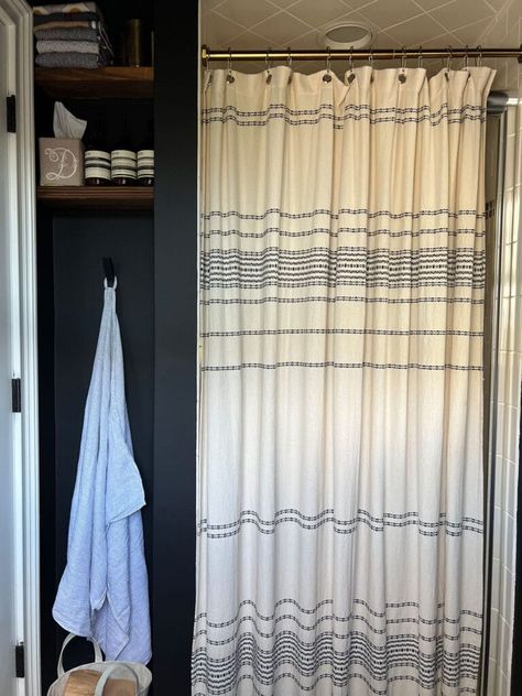 We used a Coyuchi Woven Shower Curtain to hide a rather unattractive shower. We used a pretty tendon rod. Walk In Shower Shower Curtain, Stall Shower Curtain Ideas, How To Hide Shower Curtain Rod, How High To Hang Shower Curtain, Stand Up Shower Ideas Curtain, Small Bathroom Ideas Shower Curtain, Shower Curtain Vs Glass Door, Shower Stall Curtain Ideas, Shower Curtain Over Glass Door Ideas