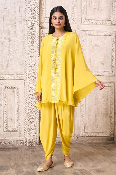 Lime green crepe embroidered cape with flared sleeves and dhoti pant set Dhoti Pants Outfit, Haldi Dress, Green Cape, Salwar Pants, Embroidered Cape, Dhoti Pants, Suits Design, Embroidery Suits Design, Yellow Blouse