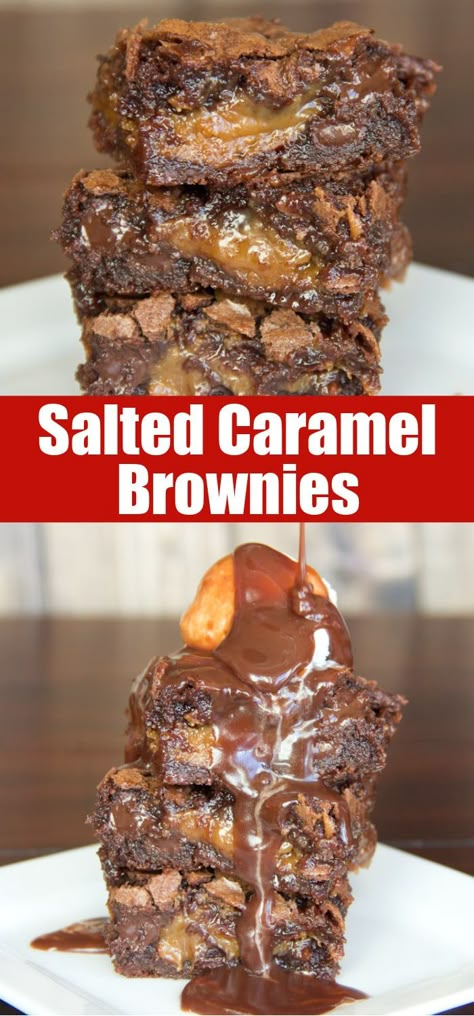 Gooey Salted Caramel Brownies, Salted Caramel Brookies, 6 Layer Caramel Brownie, Salted Desserts, Canna Cookies, Caramel Desserts Easy, Brownie Types, Caramel Fudge Brownies, Layered Brownies