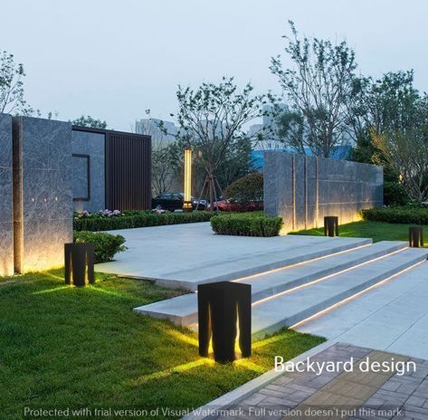 decor decoration decorations- Backyard Landscaping Contemporary, Lighting In Backyard, Modern Backyard Lighting, Dream Garden Modern, Outdoor Pool Lighting, Large Garden Landscaping, Modern Garden Inspiration, Modern Garden House, Modern Pathway