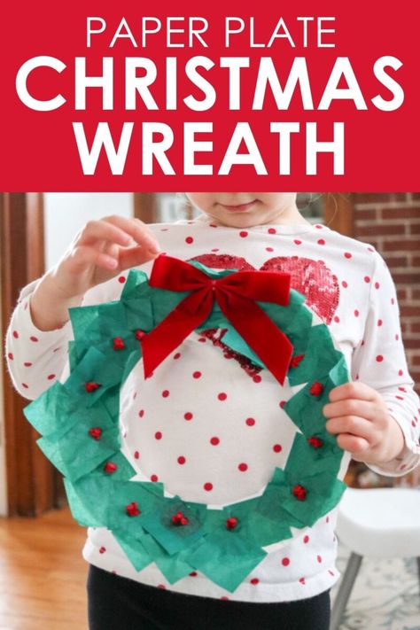 Paper Plate Christmas Wreath, Christmas Preschool, Christmas Wreath Craft, Green Tissue Paper, Christmas Art Projects, Christmas Paper Plates, Craft Templates, Preschool Christmas Crafts, Crafts Preschool