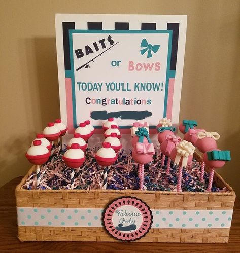 Bows Or Bobbers, Baits Or Bows Gender Reveal Decorations, Bobber Or Bows Gender Reveal, Baits And Bows Gender Reveal, Fishing Baby Gender Reveal Ideas, Fishing Gender Reveal Decorations, Bait Or Bows Gender Reveal Ideas, Fishing Theme Gender Reveal Ideas, Fishing Gender Reveal Ideas For Party