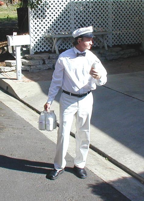 milkman costume - Google Search Milkman Costume, Costumes 2023, Beach Studio, Milk Delivery, Milk Man, Contemporary Vintage, Spring Chicken, Laguna Beach California, Gif Images