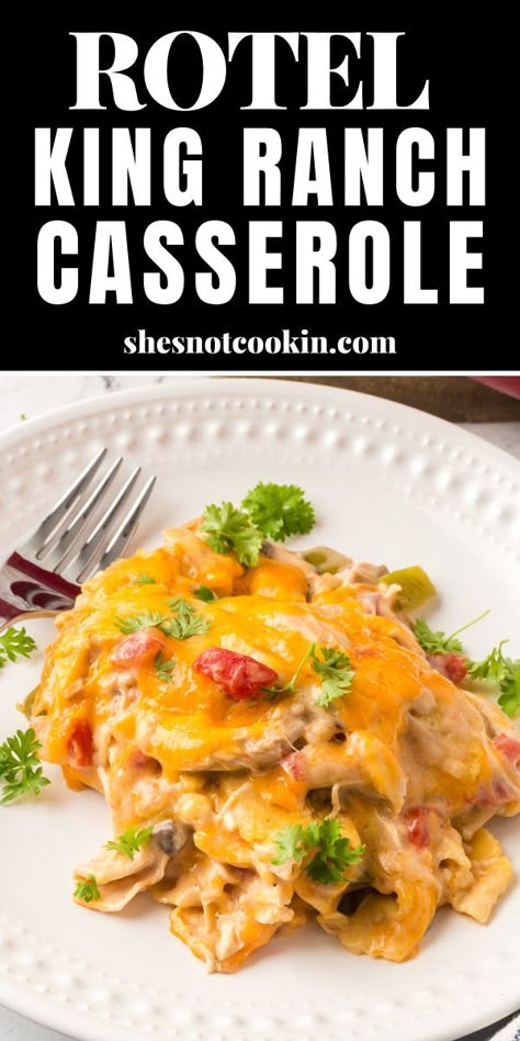 King Ranch chicken casserole with Rotel tomatoes on a white plate. Cheap Casserole Recipes, Chicken Tortillas, King Ranch Casserole, Rotel Recipes, King Ranch Chicken Casserole, King Ranch Chicken, Ranch Chicken Recipes, Chicken Casserole Recipe, Chicken Casserole Easy