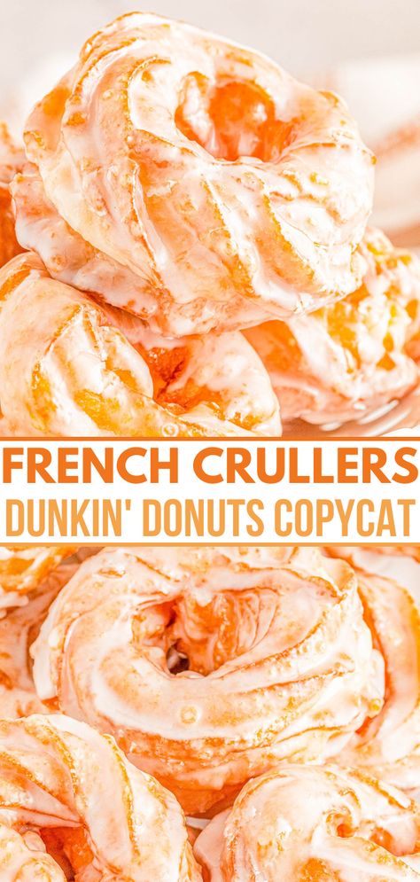 Dunkachinno Recipe, French Cruller Recipe, Dunkin Donuts Recipe, Crullers Recipe, French Cruller, Moms Food, Cruller Donuts, Choux Dough, French Crullers