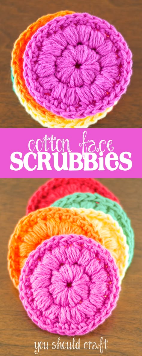 Whip up these cute and easy cotton face scrubbies to replace cotton balls in your home! Use them for toner or removing make-up. Free crochet pattern and photo-tutorial via @YouShouldCraft Crochet Face Scrubbies, Scrubbies Crochet Pattern, Dish Scrubbies, Tutorial Knitting, Crochet Scrubbies, Beau Crochet, Face Scrubbies, Confection Au Crochet, Crochet Faces