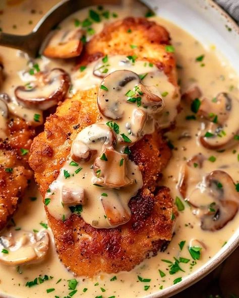 Willie,K,Needham Golden Crispy Chicken With Parmesan Mushroom Sauce, Chicken Cream Of Mushroom, Mushroom Parmesan, Main Entrees, Buttered Noodles, Creamy Mushroom Sauce, How To Cook Mushrooms, Cream Of Mushroom, Recipes Appetizers And Snacks