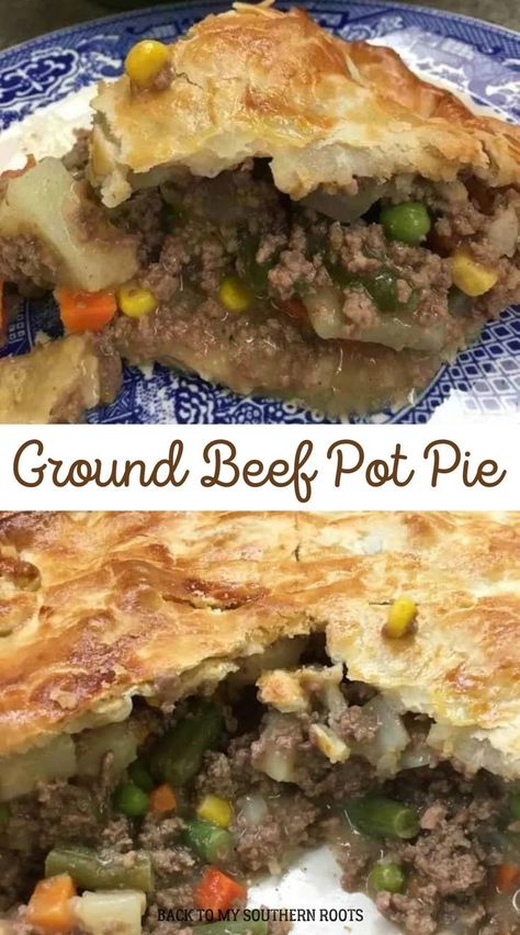 102 reviews · 45 minutes · Serves 8 · This easy ground beef pot pie recipe is the perfect hearty, easy meal for a family of four or more. You can also turn this into a dinner for two and have leftovers for lunch or dinner the next day… More Ground Beef Pot Pie Recipe, Ground Beef Pot Pie, Pot Pie Dinner, Beef Pot Pie Recipe, Pot Pie Recipe Easy, Beef Pot Pie, Easy Dough, Christmas Main Dishes, Beef Pot Pies