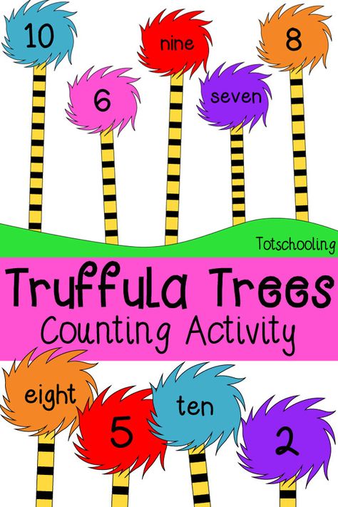 FREE printable Dr. Seuss' inspired book activity featuring Truffula Trees from the Lorax. Count the stripes on the truffula trees and find the matching tuft with the correct number or word. Fun math counting activity for preschool and kindergarten, perfect for Read Across America Day. Dr Seuss Math, Lorax Activities, Dr. Suess, The Lorax Activities, Dr Seuss Preschool Activities, Math Counting Activities, Dr Seuss Preschool, Dr Seuss Classroom, Truffula Trees