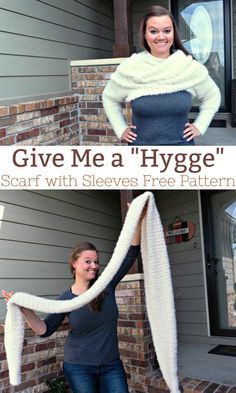 Two Sided Crochet Blanket Free Pattern, Give Me A Hygge Scarf, Snowfall Sweater Scarf Crochet Pattern, Scarves With Sleeves, Chunky Shrug Crochet Pattern, Sleeve Shawl Free Pattern, Hygge Crochet Patterns Free, Hygge Scarf Crochet Pattern, Sleeve Scarf Pattern