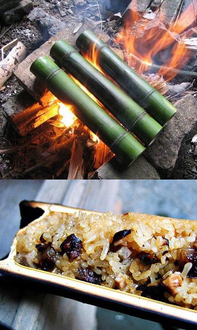 Ways To Cook Rice, Wedding Buffet Table Decor, Bamboo Food, Bamboo Rice, Bamboo Dishes, Cook Rice, Fire Inside, Easy Food Art, Fire Cooking