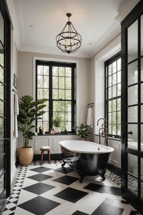 20 Elegant Bathroom Design Ideas – ToolzView Deco Bathroom Ideas, Dramatic Bathroom, Period Bathroom, Australian Farmhouse, Colonial Renovation, Checkered Tile, Elegant Bathroom Design, Black White Bathrooms, Bathroom Retreat