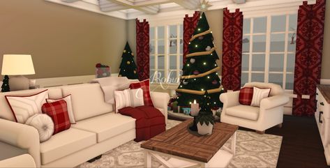 Bloxburg House Ideas Interior Christmas, Bloxburg Christmas House Living Room, Small Bloxburg Christmas House, Christmas Houses In Bloxburg, Christmas Bloxburg Color Schemes, Bloxburg Christmas Decorating Ideas, Bloxburg Christmas Dining Room, Bloxburg Room Ideas Christmas, Christmas Room Bloxburg