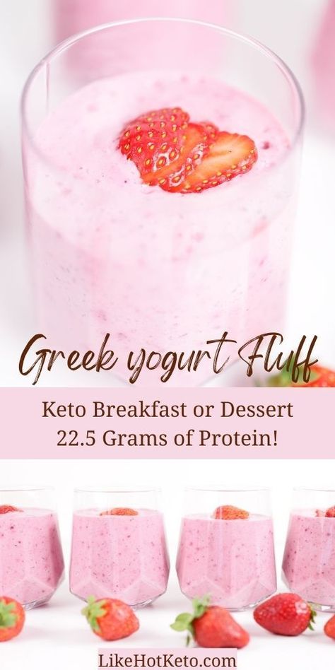 Keto Greek yogurt and protein mousse fluff in serving glass garnished with strawberries. Greek Yogurt Gelatin, Protein Gelatin Recipes, Greek Yogurt Fluff, Protein Desserts Low Carb, Keto Greek Yogurt, Protein Fluff Recipe, Keto Frozen Yogurt, Yogurt Fluff, Whipped Greek Yogurt