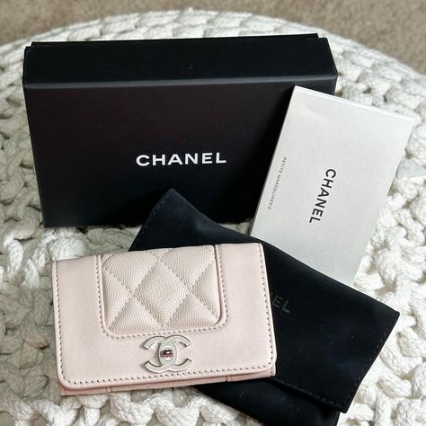 Nwt Chanel Flap Wallet Button Clasp With Two Compartments Iridescent Pink (Hints Of Pink And Purple) Full Set (Dust Bag, Authenticity Cards, Original Tags And Box) Chanel Mademoiselle, Chanel Flap Bag, Chanel Wallet, Cute Purses, Pink And Purple, Flap Bag, Chanel Bag, Full Set, Very Rare