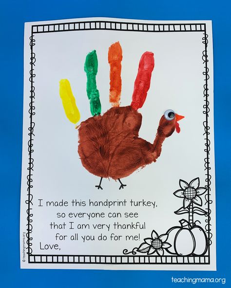 turkey handprint project Turkey Craft Handprint, Turkey Hand And Footprint Craft, Thankful Turkey Handprint, Preschool Thanks Giving Crafts, Turkey Feather Crafts Preschool, Turkey Art For Kindergarten, Turkey Hands For Kids, Giving Thanks Crafts Preschool, Thankful For Preschool Crafts