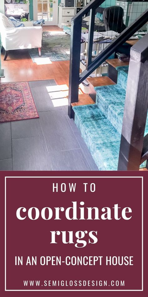 Learn how to coordinate rugs in an open-concept home. Here are some tips for mixing and matching rugs for a cohesive look in your home. Mix And Match Rugs In Open Floor Plan, Inexpensive Flooring, Decorating Rules, Boho Dining Room, Vintage Style Rugs, Bohemian Living Rooms, Open Concept Home, Decor Shopping, Perfect Paint Color