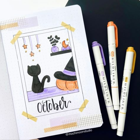 Christmas Bujo Cover, October Journaling Ideas, October Diary Ideas, Journal Halloween Ideas, Calendar Journal Ideas Layout, October Reading Journal, October Journal Ideas Aesthetic, October Bulletin Journal Ideas, October Scrapbook Ideas