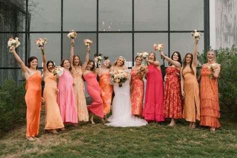 Sunset Bridal Party Colors, Summer Orange Bridesmaid Dresses, Sunset Pink Bridesmaid Dresses, Sunset Mismatched Bridesmaid Dresses, Mismatch Orange Bridesmaids, Spring Pink Bridesmaid Dresses, Pink And Orange Bridesmaid Dress, Bridesmaid Dresses Pink Orange, Sunset Bridesmaids Dresses